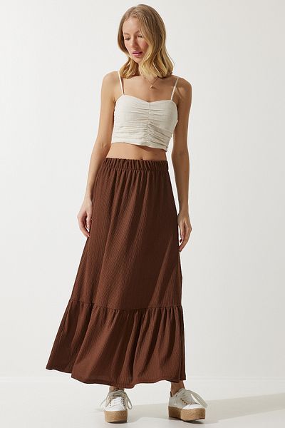 Happiness İstanbul Dámská letní midi sukně hnědé Flounce DD01231
