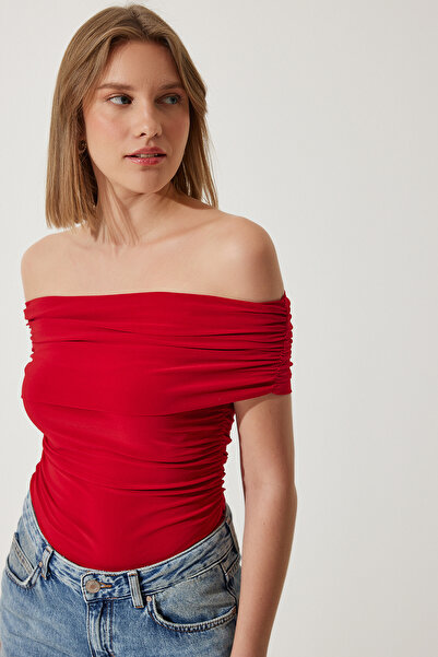 Happiness İstanbul Women's Red Gathered Open Shoulder Sandy Blouse TO00132