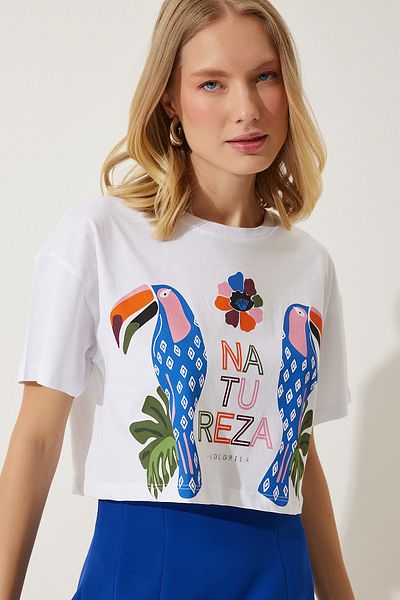 Happiness İstanbul Tricou tricotat crop cu imprimeu alb pentru femei EW00008