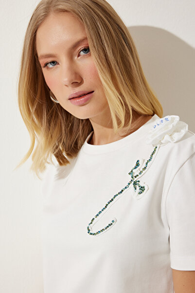 Happiness İstanbul Dámské pletené tričko s bílými korálky a květinami JH00051