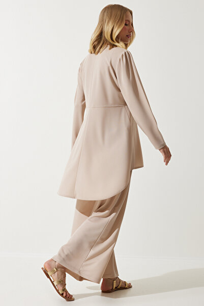 Happiness İstanbul Women's Cream Flowing Tunic Palazzo Knitted Set DD01318