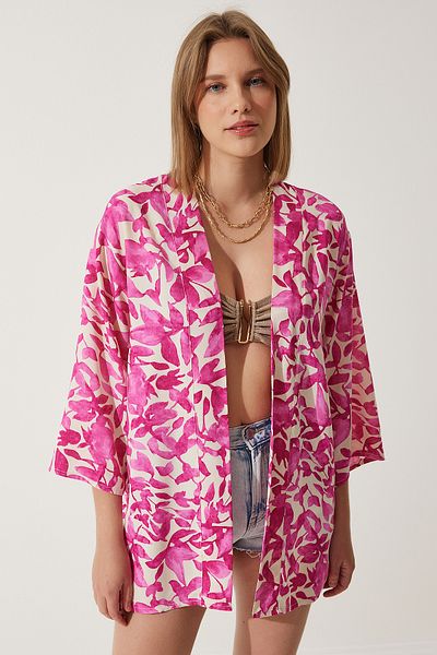 Happiness İstanbul Rosa Ecru gemusterter Viskose-Kimono für Damen EN00615