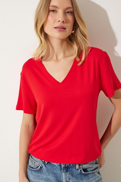 Happiness İstanbul Women's Red V-Neck Basic Viscose Knitted T-Shirt EN00613