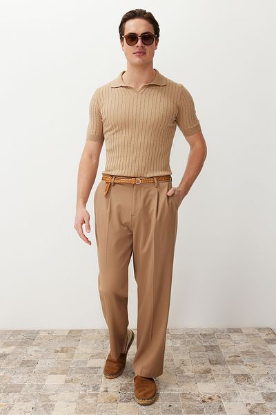 Trendyol Collection Béžové úpletové tričko Slim-Narrow Polo Collar - TMNSS24TS00256
