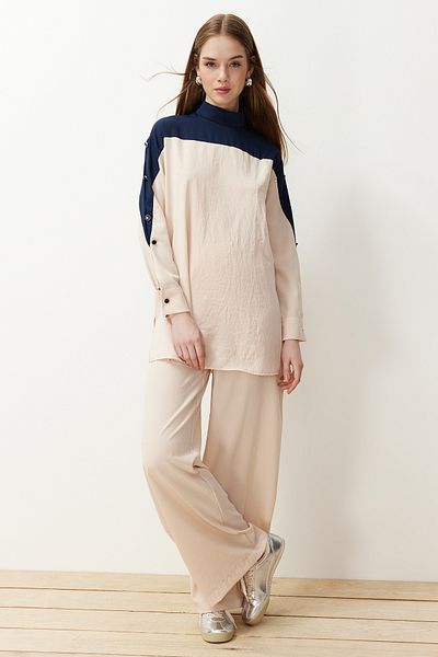 Trendyol Modest Tmavě modré tlačítko Detailní barva Blokovaná spodní tkaná aerobinová spodní sada TCTSS24US00046