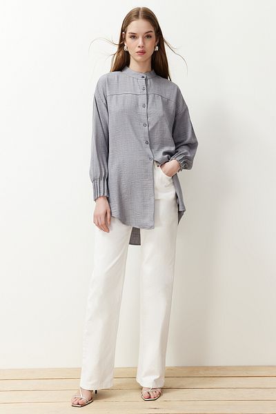 Trendyol Modest Oversize Gray Linen Aerobin Shirt - TCTSS24TG00065