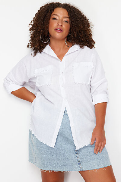 Trendyol Curve Λευκό 100% βαμβακερό διπλό τσέπες μισό μανίκι υφαντό τουνίκ TBBSS24AX00023