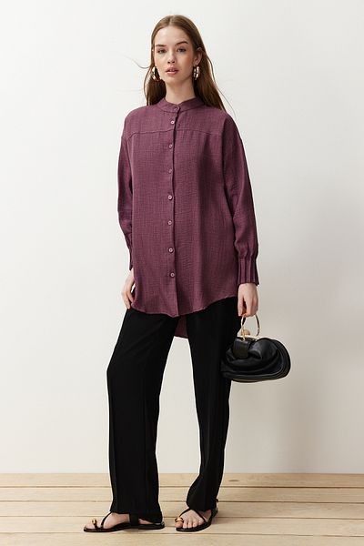 Trendyol Modest Linen Aerobin Oversize Shirt - Plum TCTSS24TG00065