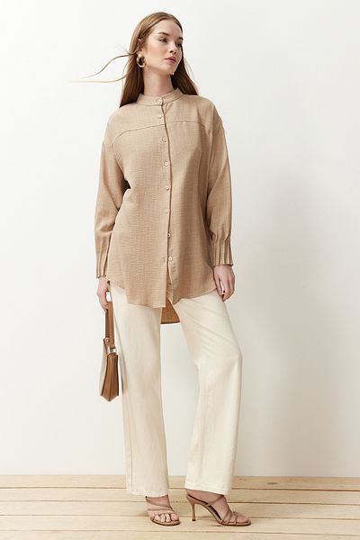 Trendyol Modest Beiges Aerobin-Übergröße-Hemd aus Leinen - TCTSS24TG00065