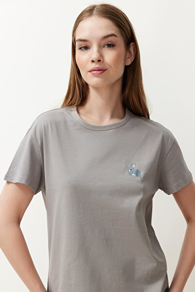 Trendyol Collection Sada pyžama se vzorem šedého králíka ze 100% bavlny - THMSS24PT00199