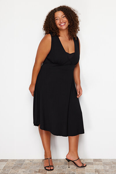 Trendyol Curve Black Single Jersey Knitted Plus Size Dress TBBSS24AH00199