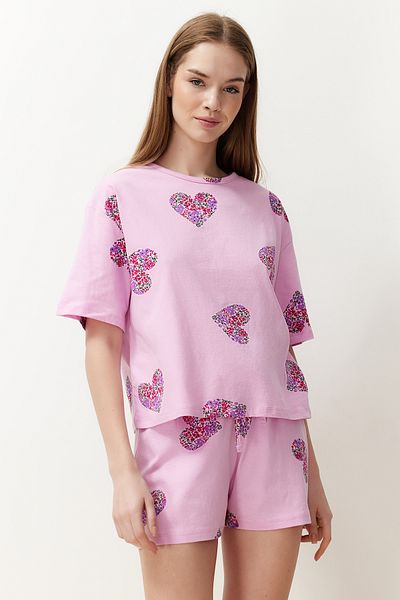 Trendyol Collection Színes rózsaszín szívű pamut rövidnadrág pizsama szett - THMSS24PT00225