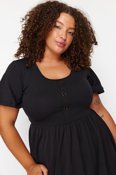 Trendyol Curve Black Button Detail Midi Ribbed Knitted Dress Tbbss24Ah00176