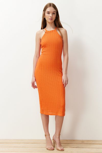 Trendyol Collection Orange Knitwear Look Shift/Solid Cut Halter Neck Midi Flexible Knitted Pencil Dress TWOSS24EL00594
