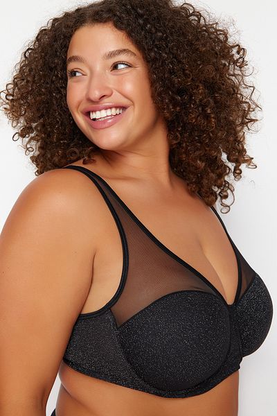 Trendyol Curve Schwarzer, mit Glitzer überzogener Netz-BH TBBAW24CW00006