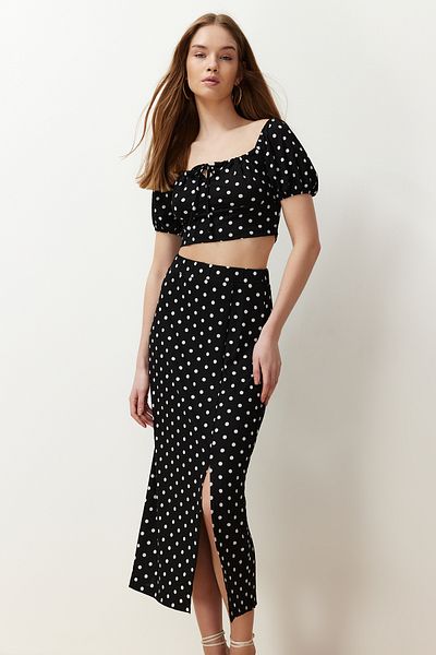 Trendyol Collection Carmen Collar Ribbed Flexible Knitted Blouse and Skirt Set - Black Polka Dot TWOSS24AU00029