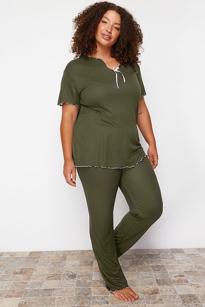 Trendyol Curve Camisole Knitted Pajama Set - Khaki Bow Detail TBBSS24AI00095