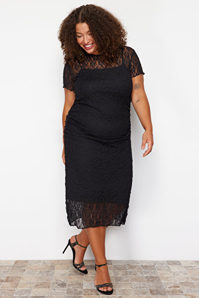 Trendyol Curve Μαύρο Δαντέλα Μίντι Πλεκτό Φόρεμα TBBSS24AH00026