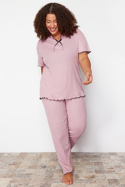 Trendyol Curve Dried Rose Knitted Pajama Set - Bow Detail TBBSS24AI00095