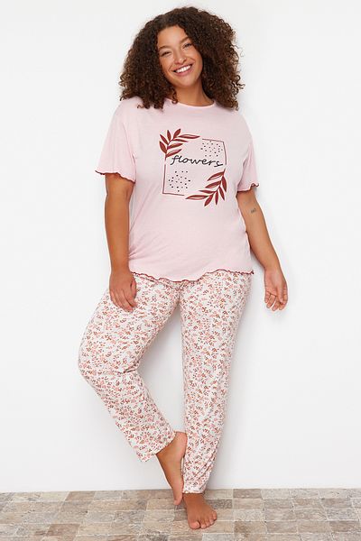 Trendyol Curve Knitted Pajama Set - Pink Floral Pattern TBBSS24AI00105