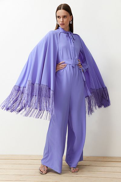 Trendyol Modest Lilac Tasseled Cape-Jumpsuit Evening Dress Suit TCTAW24DB00007