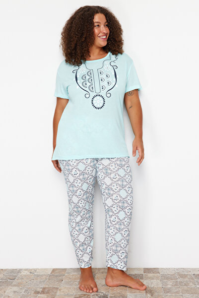 Trendyol Curve Σετ Πιτζάμες Πλεκτής με Γεωμετρικό Σχέδιο μπλε TBBSS24AI00093