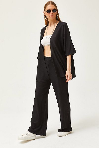 Olalook Women's Black Top Kimono Bottom Pants Set TKM-19000280