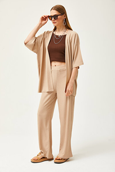 Olalook Women's Beige Top Kimono Bottom Pants Set TKM-19000280
