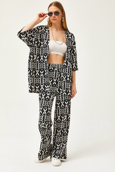 Olalook Women's Black Top Kimono Bottom Pants Patterned Suit TKM-19000279