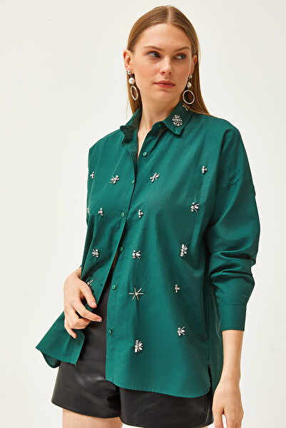 Olalook Γυναικείο σμαραγδένιο γιακά και κοσμήματα μπροστά με έξι οβάλ υφαντό πουκάμισο GML-19001149