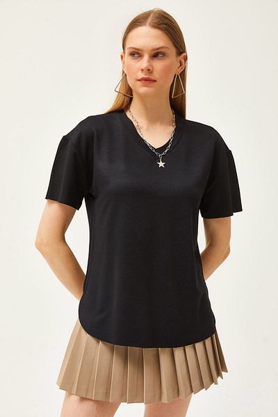 Olalook Women's Black V-Neck Bottom Oval Modal Button T-Shirt TSH-19000804