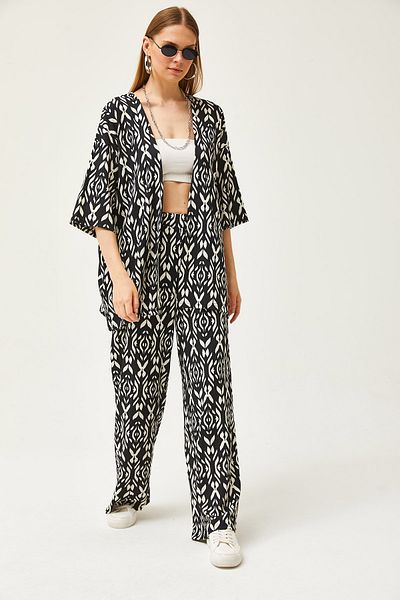 Olalook Women's Black Top Kimono Bottom Pants Patterned Suit TKM-19000279