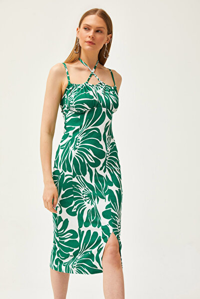 Olalook Women's Green Thin Strap Collar Tied Slit Midi Dress ELB-19002126