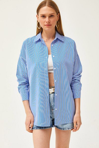 Olalook Marineblaues, gestreiftes Boyfriend-Webhemd für Damen GML-19001196