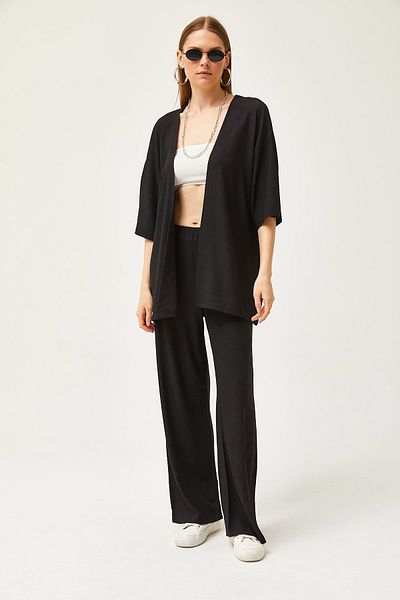 Olalook Women's Black Top Kimono Bottom Pants Set TKM-19000280