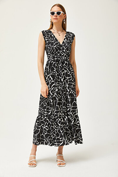 Olalook Kadın Siyah Kruvaze Yaka Desenli Maxi Örme Elbise ELB-19002125