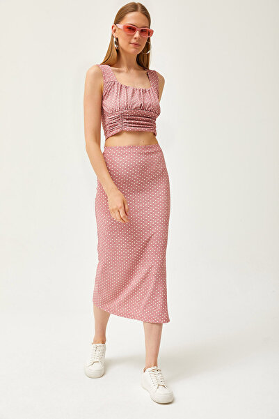 Olalook Kadın Gül Kurusu Puantiyeli Üst Bluz Alt Etek Örme Alt Üst Takım TKM-19000281