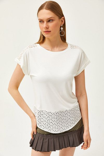 Olalook Tricou cu detaliu Guipur alb de damă TSH-19000190