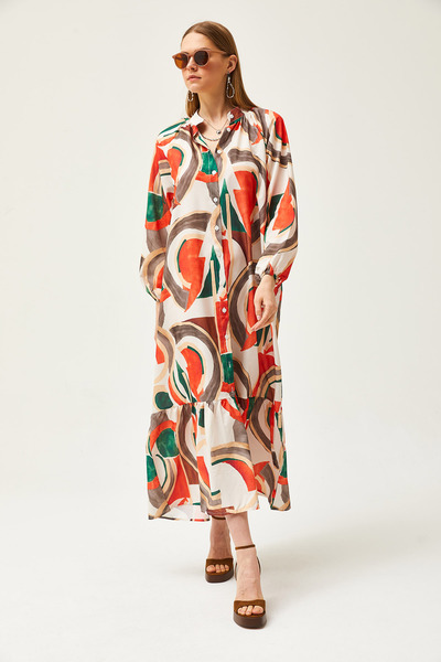 Olalook Women's Ecru Orange Big Patterned Maxi Woven Shirt Dress ELB-19002056