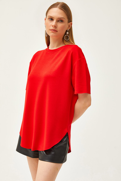 Olalook Női piros modális gombos puha texturált hat ovális póló TSH-19000771