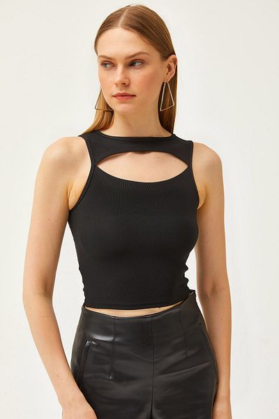 Olalook Γυναικεία μαύρη ρόμπα Low cut Thin Corded Crop Ottoman μπλούζα BLZ-19002595