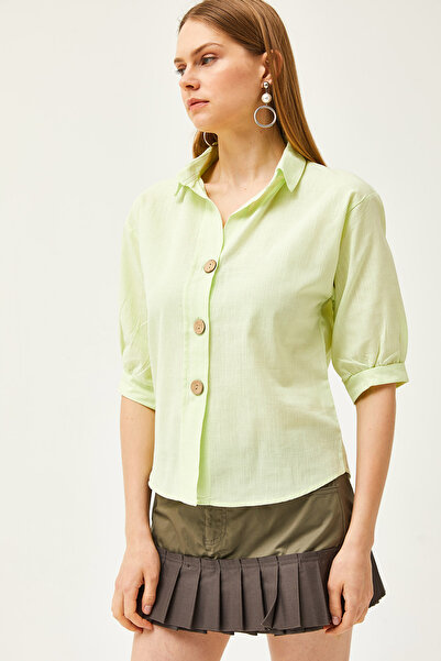 Olalook Kadın Açık Yeşil Ahşap Düğmeli Truvakar Kol Keten Gömlek GML-19001095