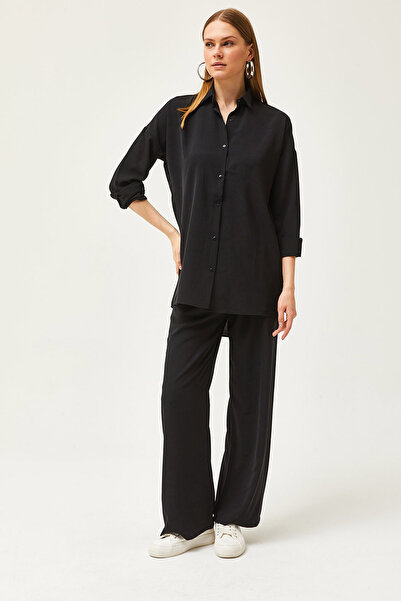 Olalook Women's Black Draped Shirt Trousers Set TKM-19000283