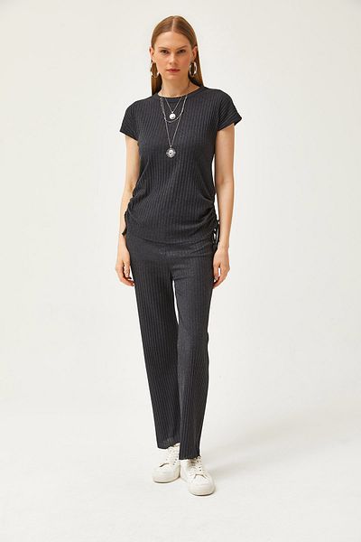 Olalook Women's Anthracite Side Gathered Blouse Palazzo Trousers Set TKM-19000196