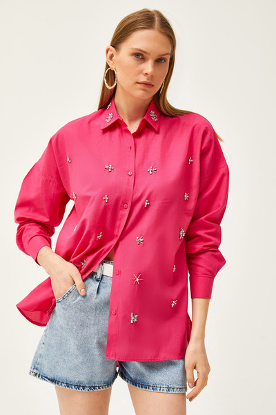 Olalook Γυναικείο πουκάμισο με φούξια γιακά και κοσμήματα εμπρός έξι οβάλ υφαντό πουκάμισο GML-19001149