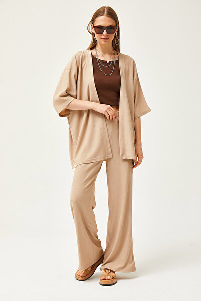 Olalook Women's Beige Top Kimono Bottom Pants Set TKM-19000280