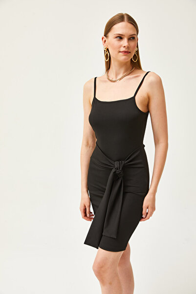 Olalook Kadın Siyah Askılı Beli Kuşak Detaylı Örme Elbise ELB-19002118