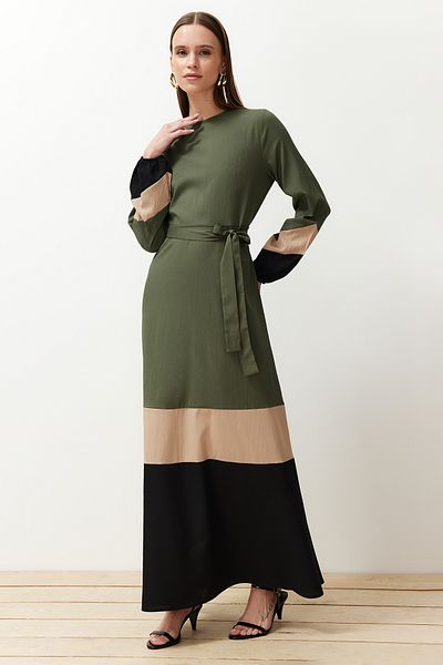 Trendyol Modest Υφαντό Χακί Φόρεμα - Color Block, TCTSS24EB00237