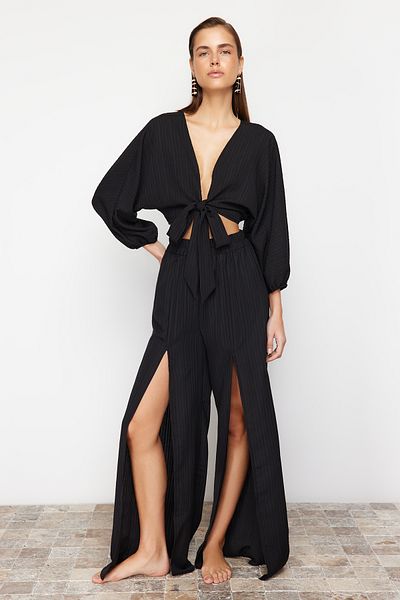 Trendyol Collection Black Woven Slit Blouse Pants Set TBESS24AU00038
