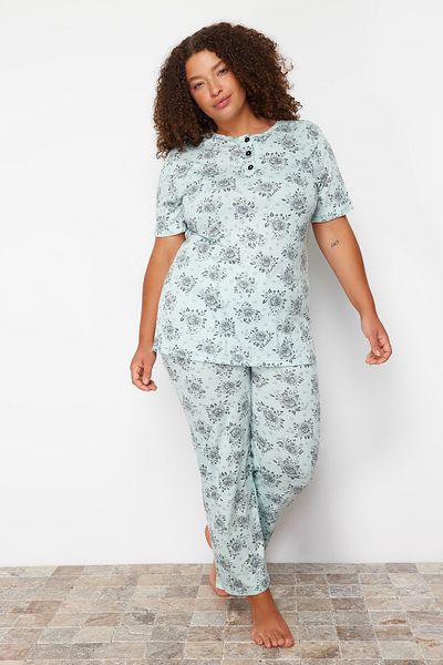 Trendyol Curve Mint Buttoned Flower Patterned Knitted Pajamas Set TBBSS24AI00074